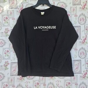 H&M La Voyageuse Parisienne Black Long Sleeve Graphic T-Shirt Women's M Traveler
